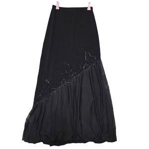 Womens Black Cotton Blend Beaded Asymetrical Mesh Maxi Skirt Size Extra Small